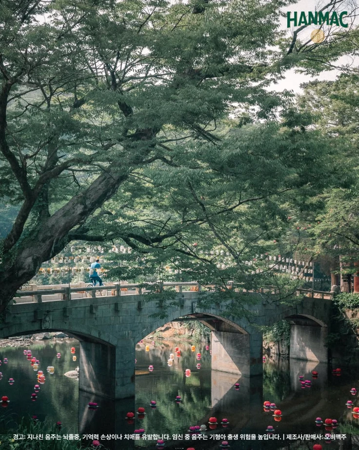 한맥 장소 디스커버리 두번째 에피소드 고즈넉한 전국 명상 스팟 일곱번째 공주 마곡사를 향하는 다리 위 자전거를 타는 노인의 모습이 있습니다.