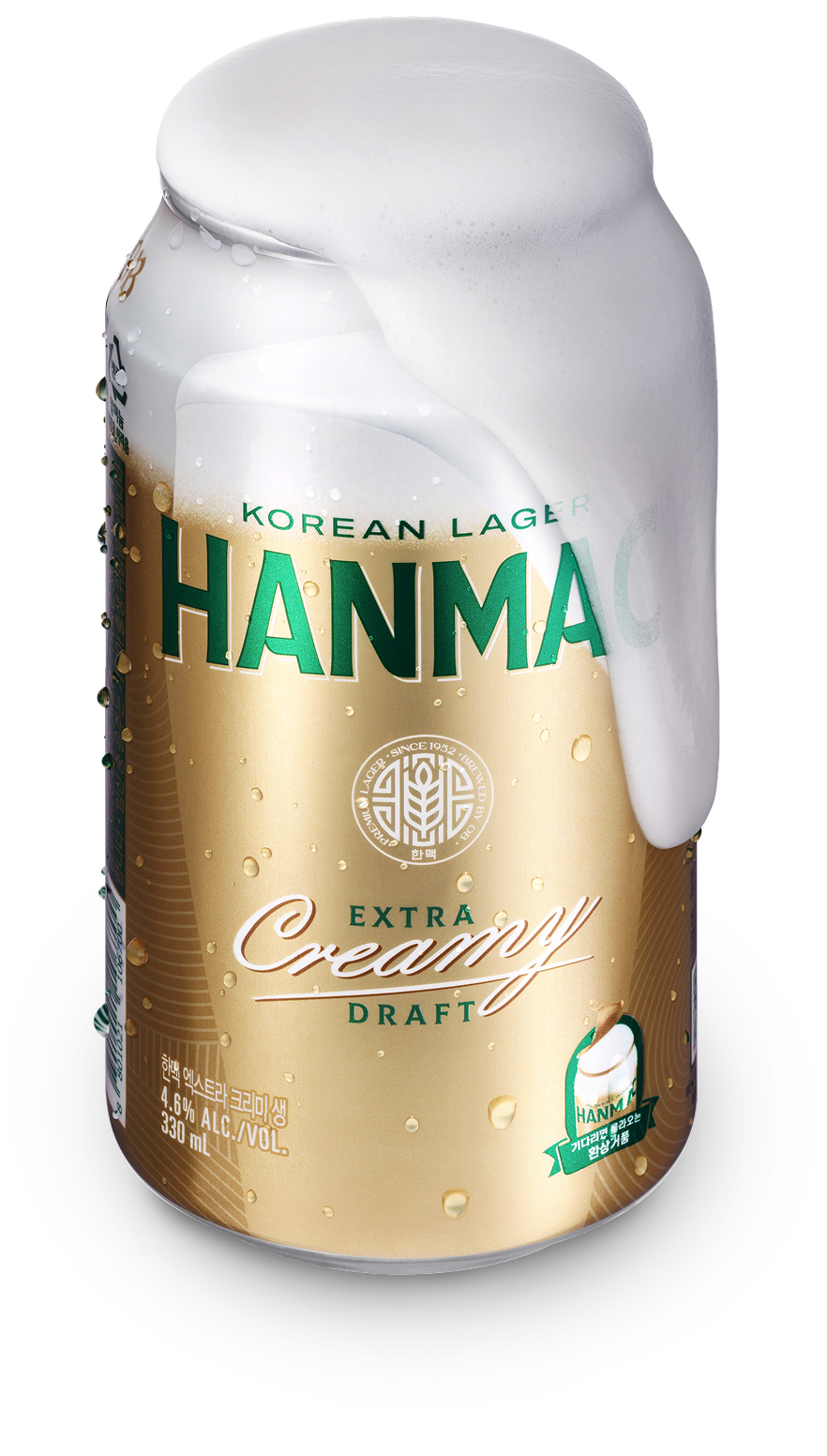 OB-한맥 브랜드에서 새로운 출시된 캔의 모습이며, 금색 캔에 브랜드 컬러 초록색으로 KOREAN LAGER HANMAC 과 EXTRA 과 쓰여있고 Creamy 가 필기체로 표기되어 있으며, 탭이 오픈되어 스무스한 거품이 부드럽게 흐르고 있습니다.