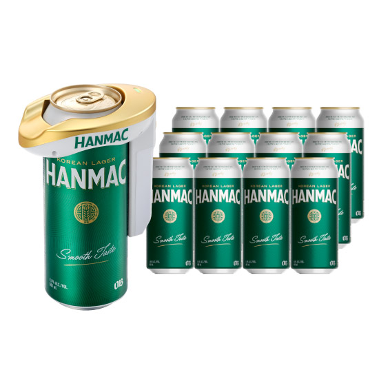 한맥 464ml 12캔 과 흰색과 금색으로 고급스런운 디자인 제품에 ‘HANMAC’ 로고가 적힌 거품기가 캔을 감싸고 있습니다.